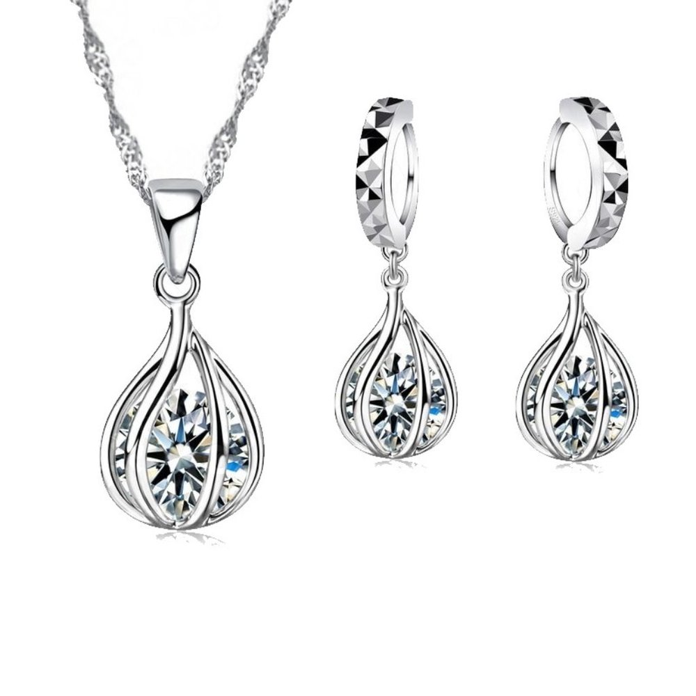 🌟 925 Sterling Silver Necklace And Earrings Set Tear Hoop Cute Top Gift